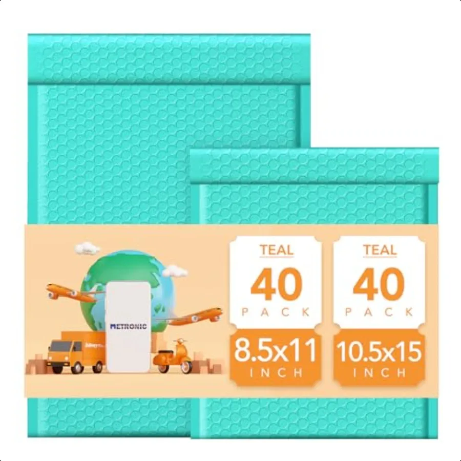 

8.5x12 40pack Teal + 10.5x16 40pack Teal Bubble Mailers Waterproof Self Seal Adhesive Padded Envelopes Cushioning Padded Mailer