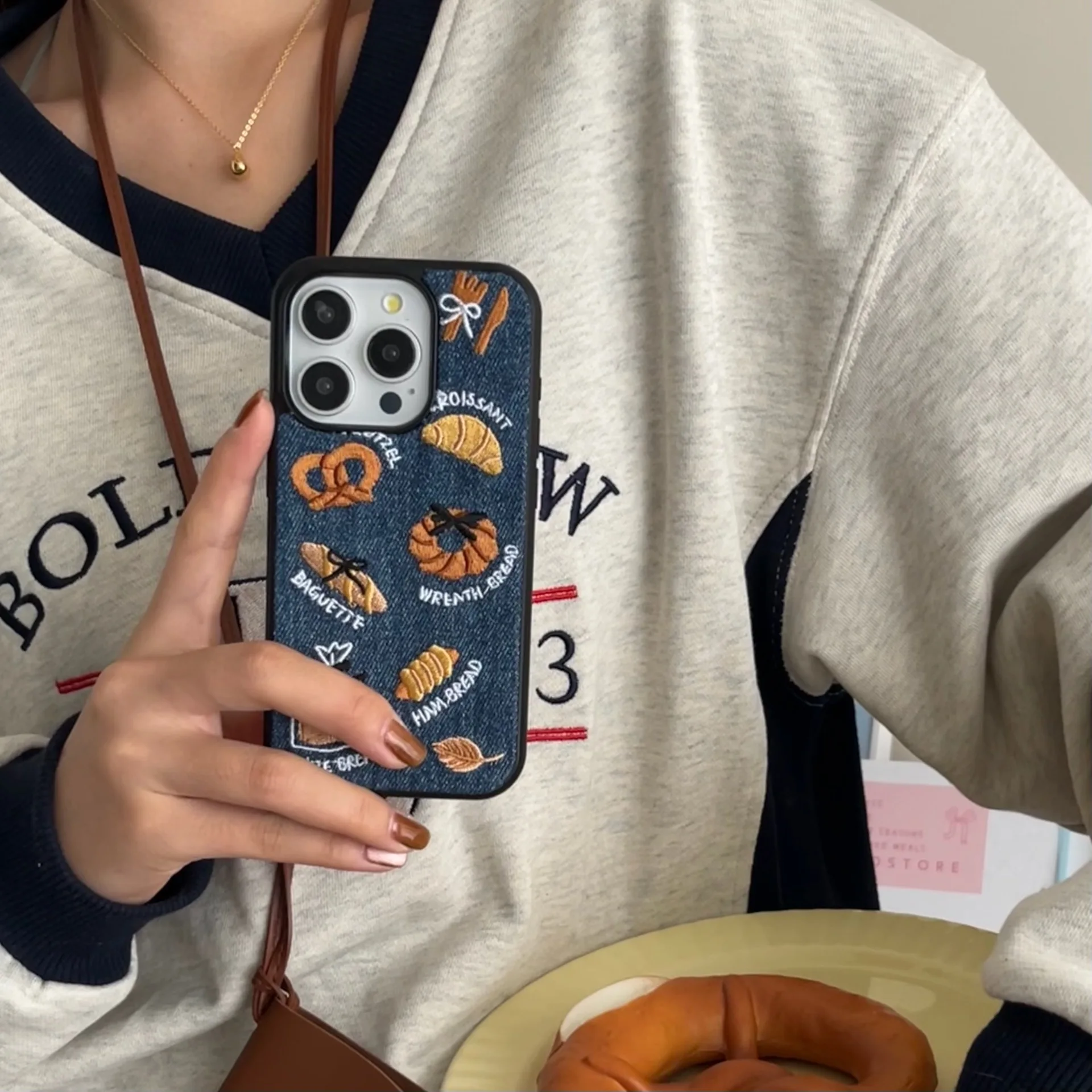 Embroidered Bread Denim Phone Case For iPhone 16 15 14 13 Pro Max Full Cover