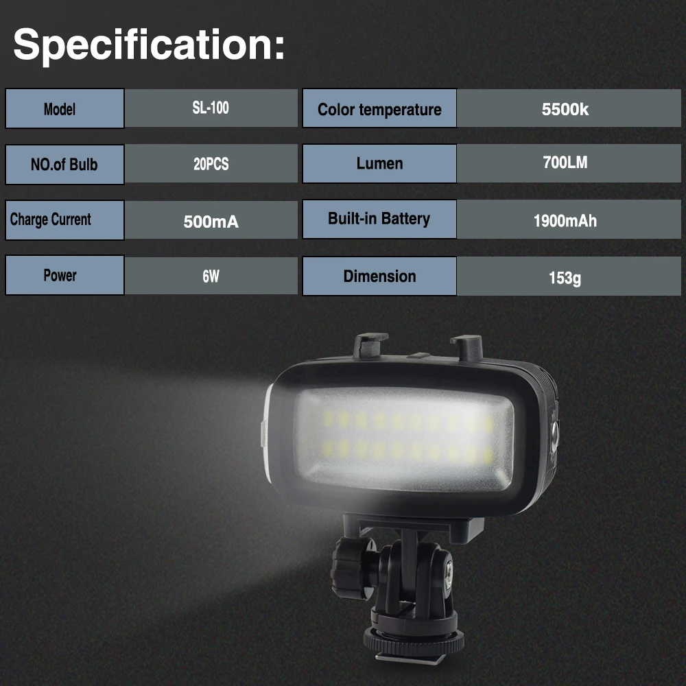 700 LM 20 LED 1900mAh قابلة للشحن المحمولة إضاءة مقاومة للمياه ملء ضوء للكاميرا تحت الماء الغوص الإضاءة الملحقات