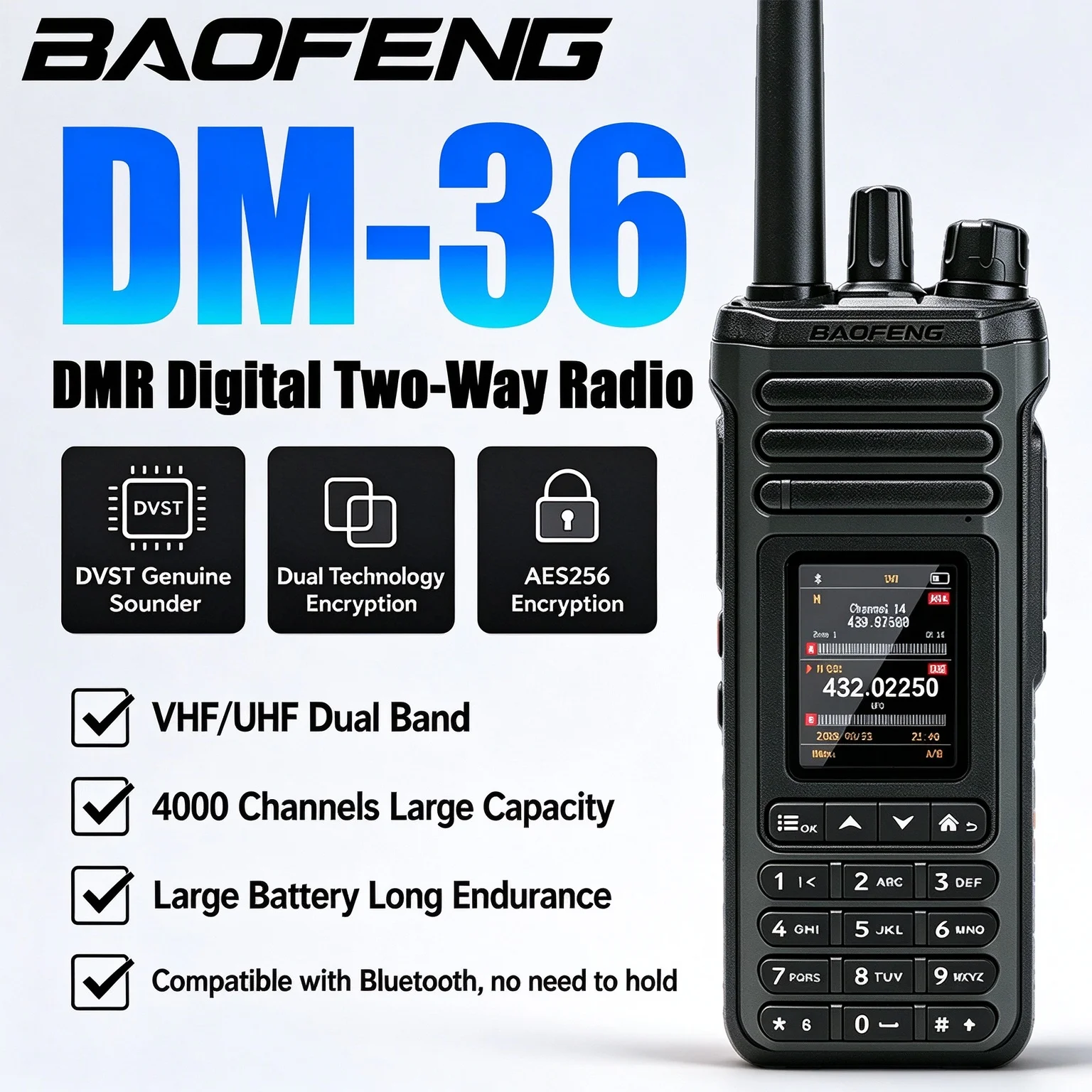 Baofeng DM-36 DMR Digital Analog Dual Mode Walkie Talkie with PTT Ring One-key Scan Bluetooth Programming for Road Trip Outdoor