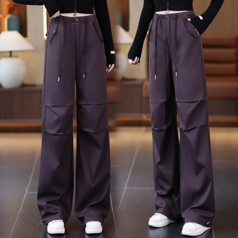 

Purple Wide-Leg Cargo Pants for Women, Autumn Drawstring Elastic High Waist, Draped Loose Slimming Casual Jogger Sweatpants
