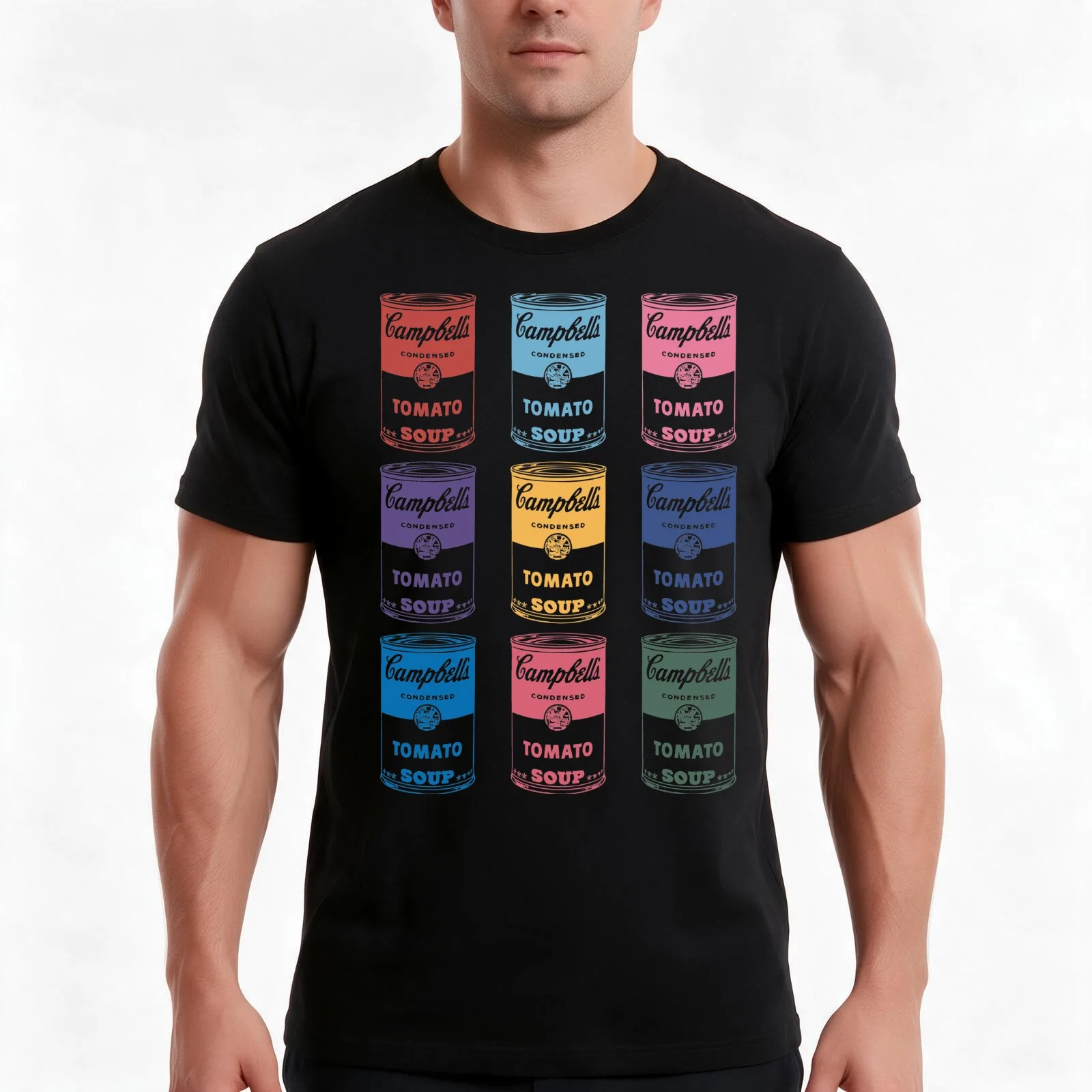 9 colorful Campbell's Soup Cans T-Shirt, Summer Casual Cotton Tee, Oversized Streetwear Tops, Vintage Graphic Print, 100% Cotton