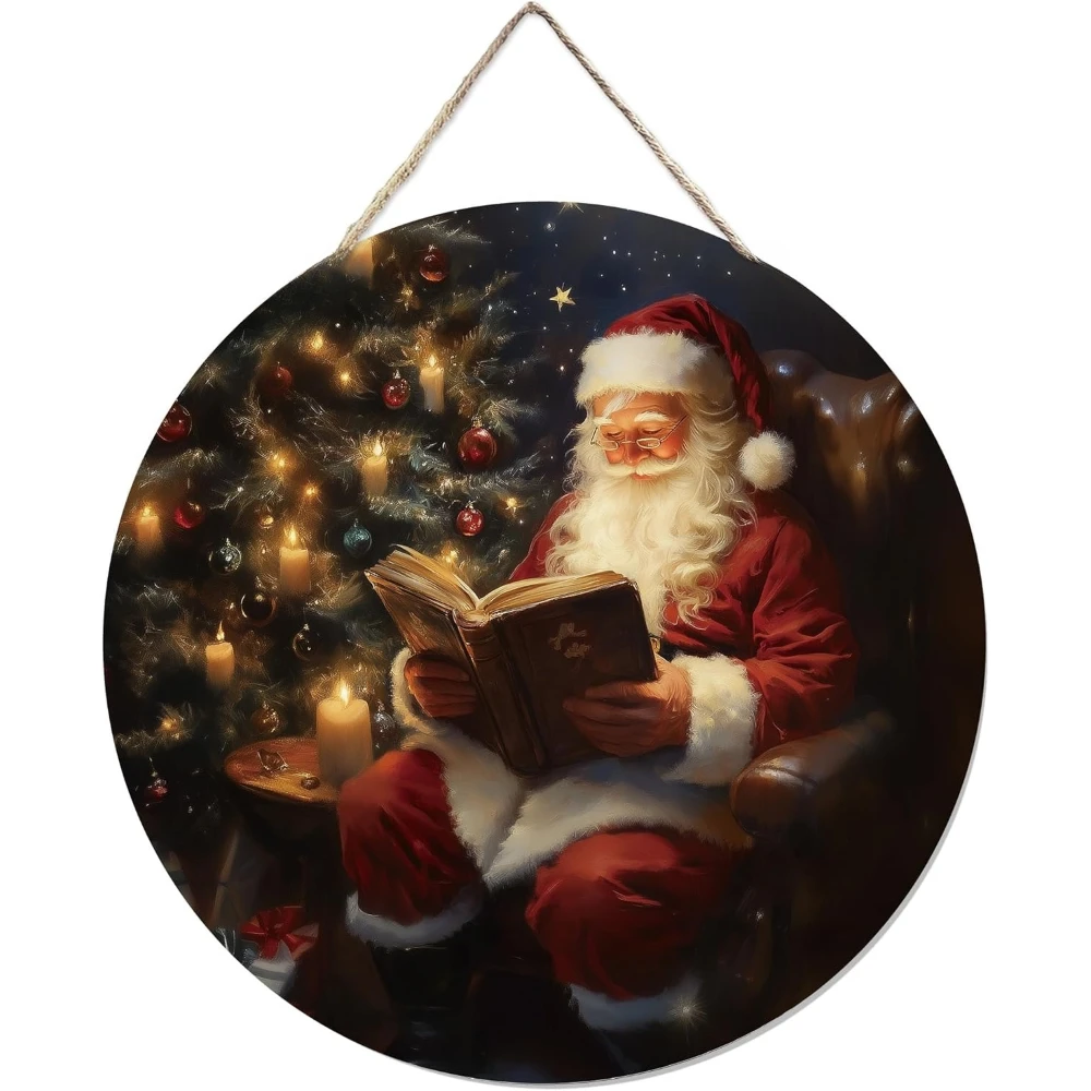 Christmas Santa Wooden Sign, Rustic Xmas Santa Bookish Hanging Sign Wall Decor for Library Reading Nook Corner