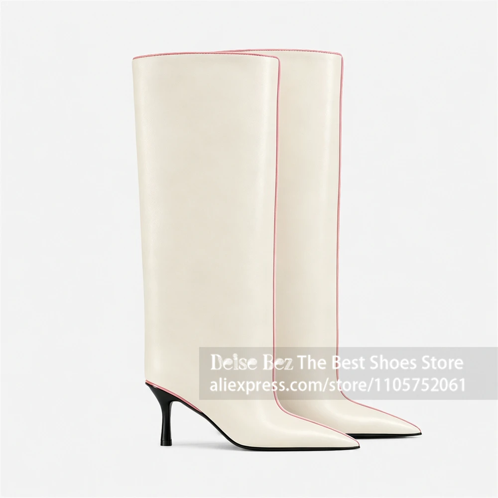Contrast Trim Pointed Knee Boots Cream White Black Piping Stiletto Boots Customizable Multicolor Slip On High Heel Women's Boots