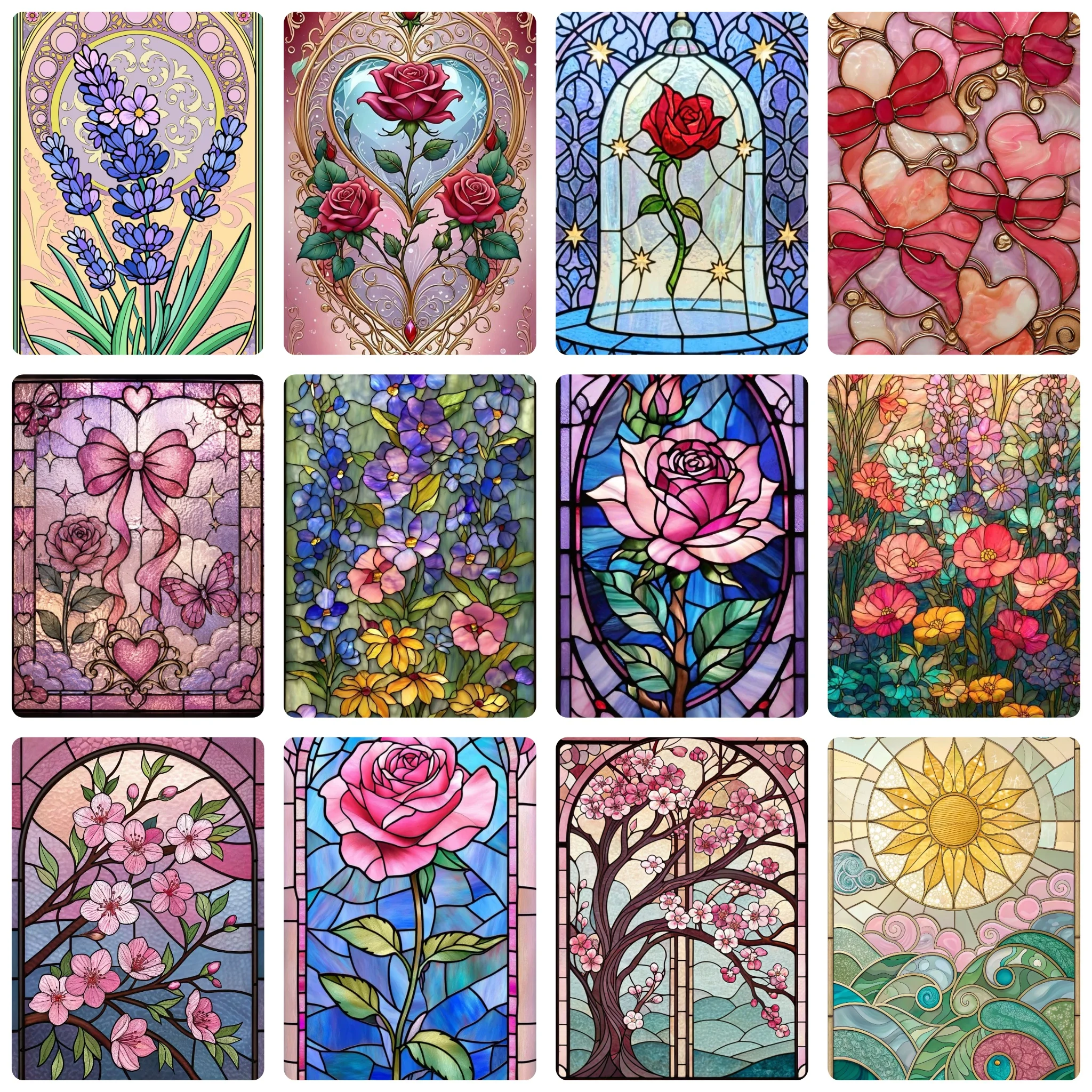 DIY Stained Glass Flower Diamond Painting, Brilliant Vintage Botanical Art Scene For Living Room Wall Decoration Exquisite Gift
