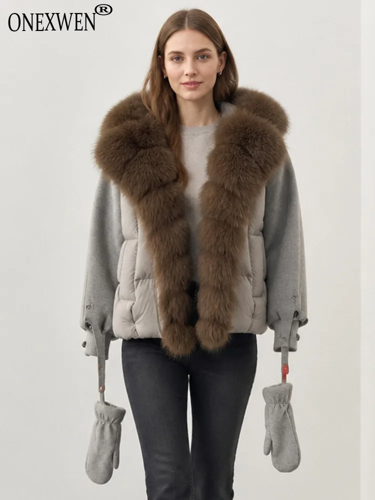 ONEXWEN Women's Short Down Jacket With Fur Collar Woolen Sleeve Quilted Winter Warm Coat With Detachable Gloves Outerwear RU40