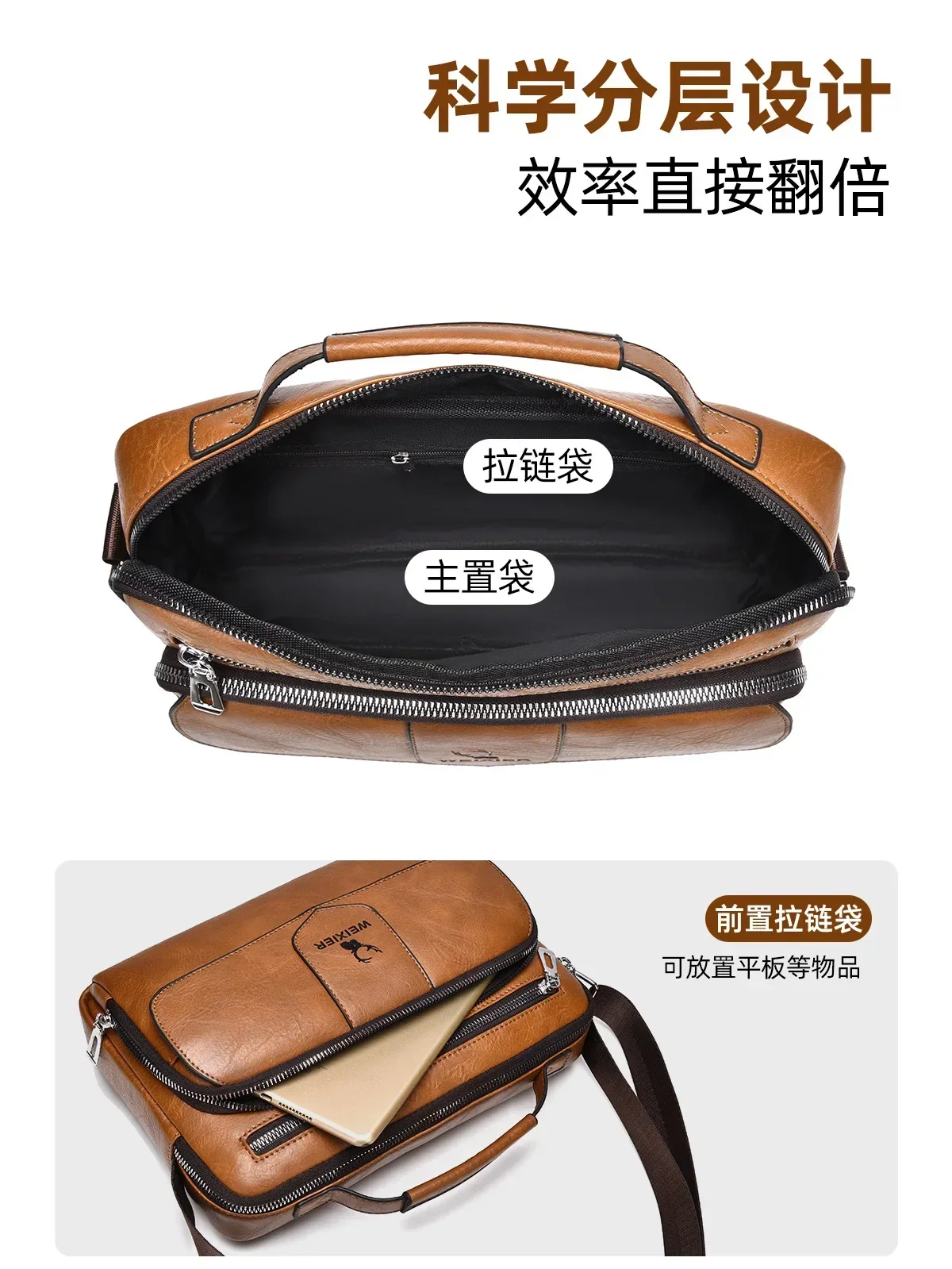 WEIXIER Marken-Herren-Umhängetasche aus PU-Leder mit Großer Kapazität und Mehreren Taschen, Hand- und Schultertasche für Geschäftsreisen und Outdoor-Aktivitäten – Detail 6