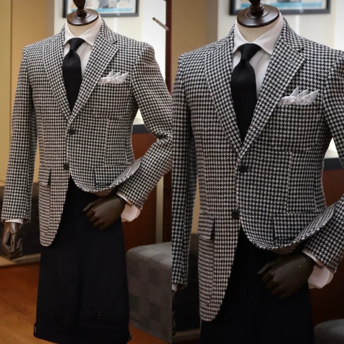 Classic Black White Houndstooth Tweed Blazer with White Pocket Square and Single Breasted Front Men Autumn M265969 M265969