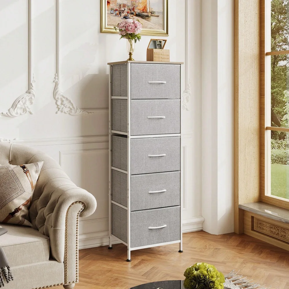 

Высокий тканевый комод с 5 ящиками и деревянной столешницей, органайзер для хранения вещей для спальни, гардеробной, прихожей, прочный стальной каркас, белый цвет