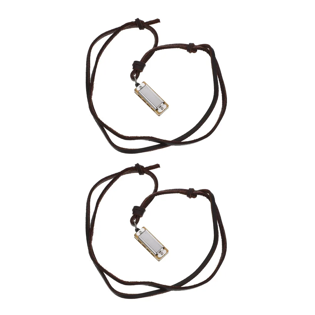 

2 Pcs Miniature Harmonica Necklace Portable Charm Pendant Practical Jewelry Alloy Musical Instrument Kids Gift