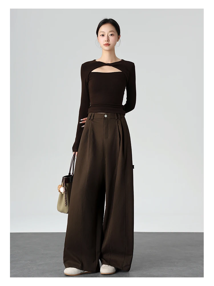 Harajuku Einfarbige Damen-Weitbein-Hose mit Hoher Taille, Übergroße Drapierte Jogginghose mit Elastischem Bund und Taschen für Herbst und Winter – Detail 10