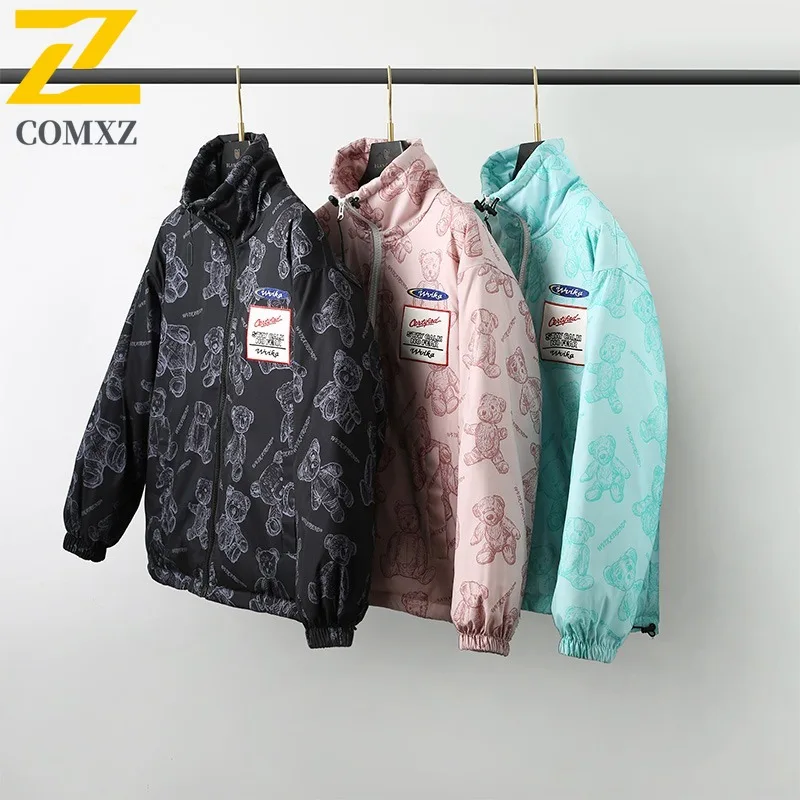 COMXZ Men Puffer Jacket Fashion Bear Printing Ski Street Windproof Warm Travel Cotton-Padded Jacket Casual Snow Bread Jackets