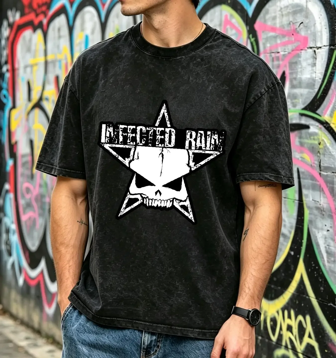 washed T Shirt NWT Infected Rain white head Skull Star Dark Entertainment Art long or short sleeves vintage Washed Breathable