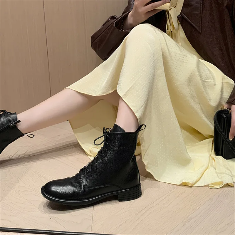 2023 New Autumn/winter Women Boot Round Toe Chunky Heel Fashion Genuine Leather Short Boots for Women Handmade Retro Low Heels