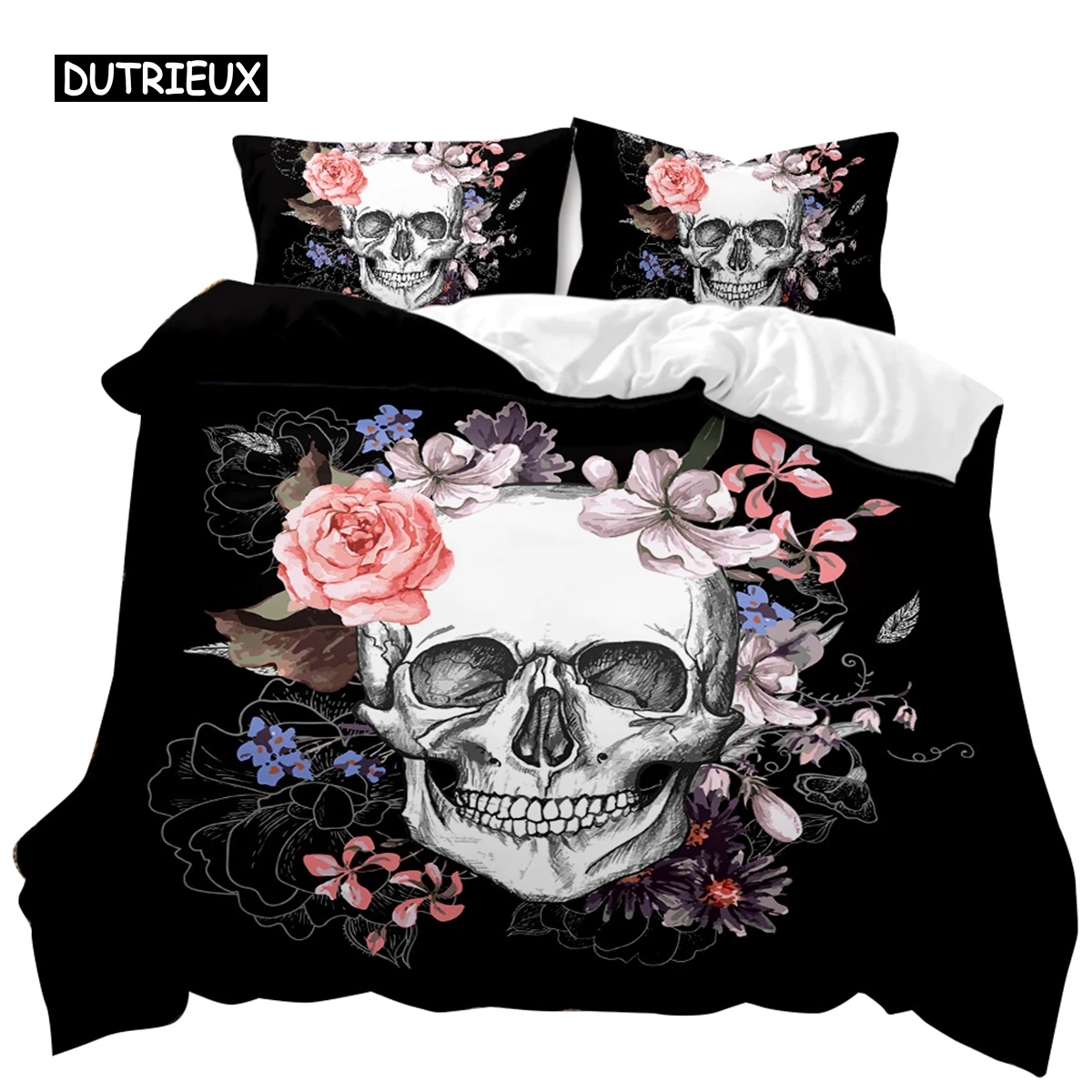 

Skull Duvet Cover Set Queen 3D Skeleton Floral Skull Pattern Printed Bedding Qulit Cover Gothic Microfiber Bedding Queen Size