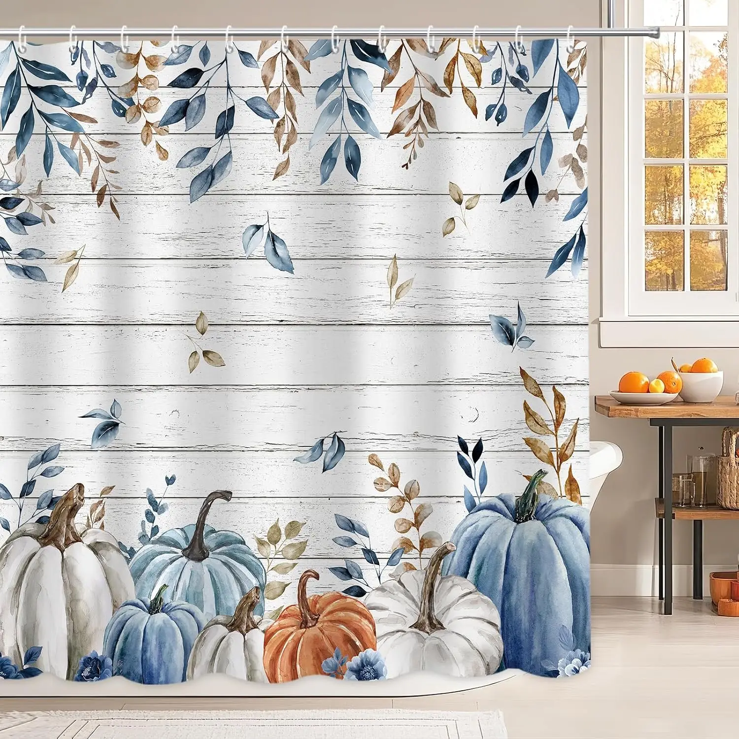 New in 2026 MEHOFOND Fall Pumpkin Shower Curtain,Autumn Watercolor Blue White Pumpkin Shower Curtain,Farmhouse Eucalyptus Leaves Rustic Wood Bathroom Decor,Thanksgiving Holiday Curtains Set with Hooks,72x72 in