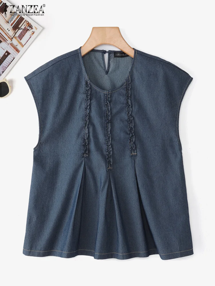 

ZANZEA Women Fashion Denim Blouses 2025 Summer Sleeveless Solid Color Shirts Stylish Tunic Tops Casual O-Neck Loose Korean Blusa