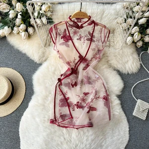 Slim Split Sexy, Hollow, butterfly embroidery dress, divided suit, pure traditional mesh, cheongsam stripe Main Main Sales Dress with Bow - №9