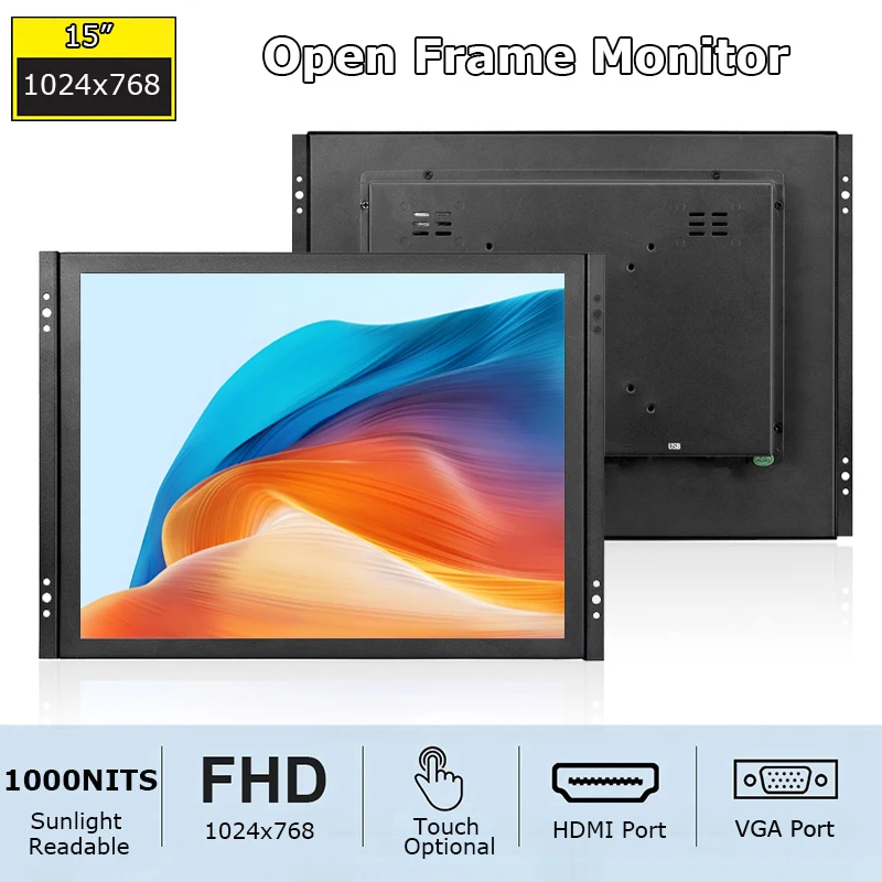 Monitor de Pantalla Táctil de Grado Industrial de 15 Pulgadas y 1000 Nits para Uso en Exteriores, Estilo de Marco Abierto con Pantalla Táctil Capacitiva/Resistiva