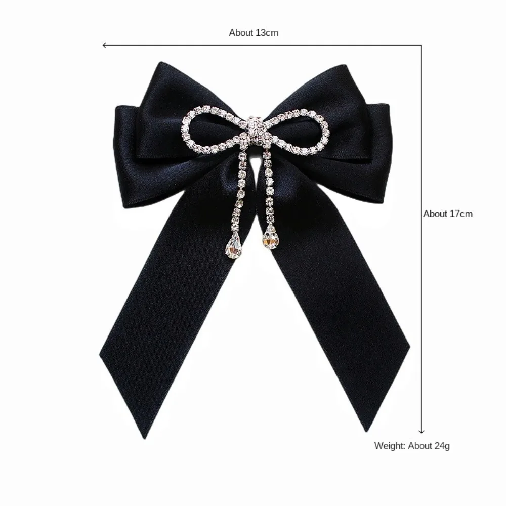 Elegant Lace Ribbon Bowtie College Style Korean Fabric Bow Brooches Black Student Shirt Collar Rhinestones Jewelry Women Girl