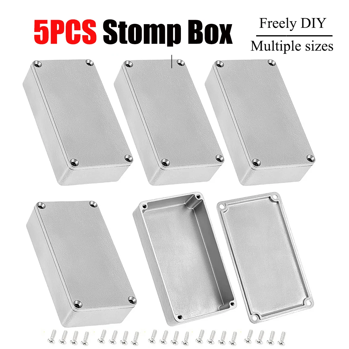 

5PCS Aluminum Guitar Stomp box Enclosure Housing - DIY Guitar Pedal Case, 12 Sizes (125B/1032L/1590set), Easy to Drill & Paint