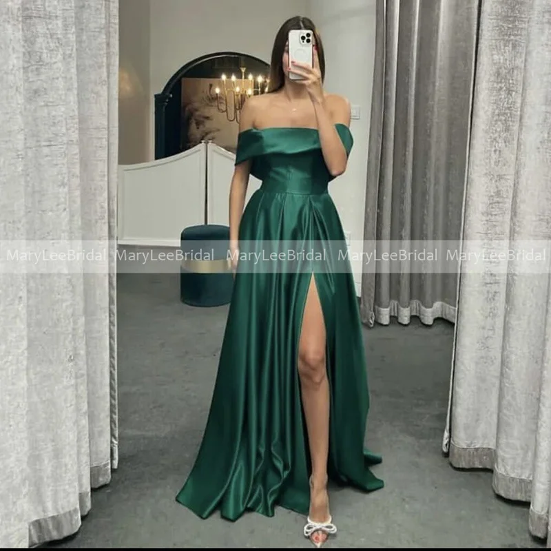 

Emerald Green Satin Bridesmaid Dresses Off the Shoulder Sexy High Split Full Skirt Wedding Guest Dress Bride Maid of Honor Gowns