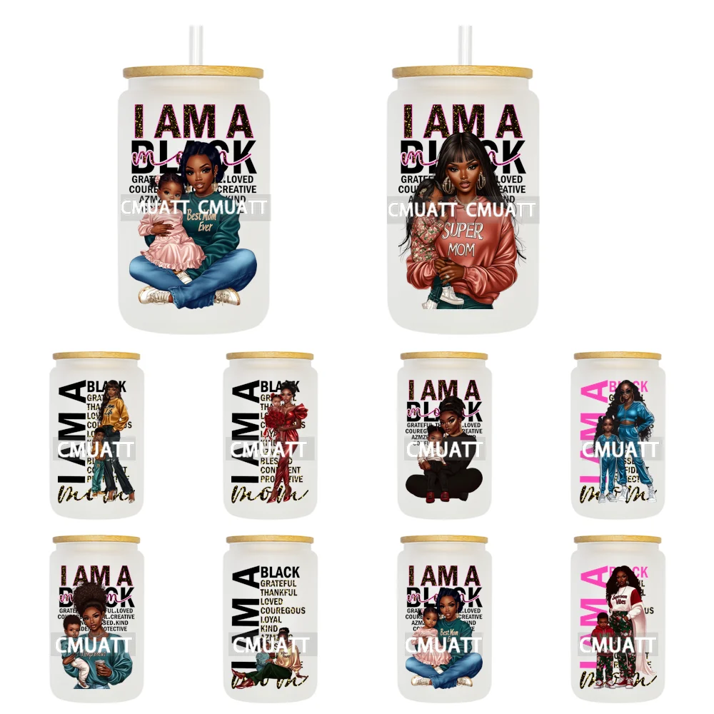 Black Mother And Daughter Son High Quality Decals UV DTF Sticker Ready To Apply Transfer Stickers For 16OZ Libbey Glass Can Cup