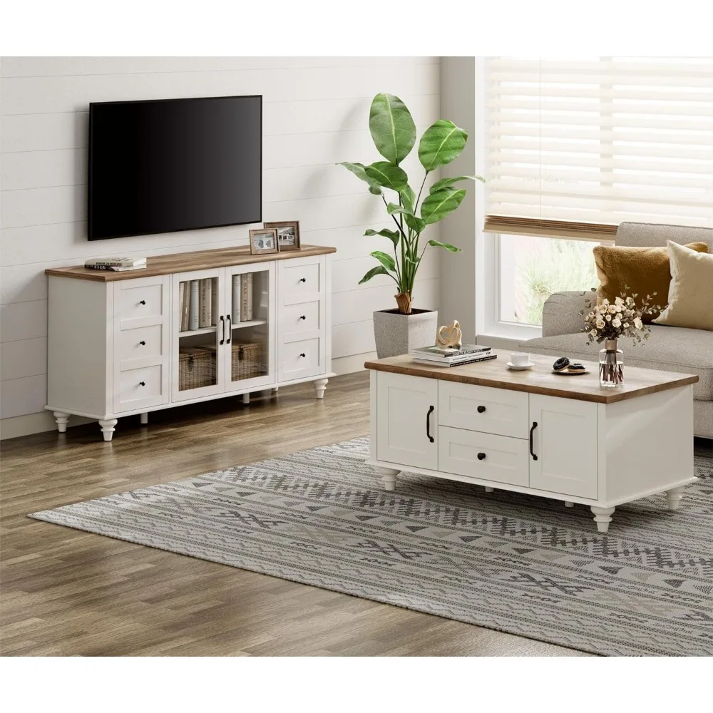 

Farmhouse TV Stand and Coffee Table Set of 2, Entertainment Center for 70 Inch TV, Modern Coffee Table with Storage Cabin