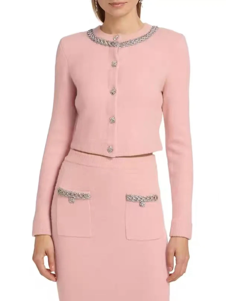 Fall Winter Fashion Pink Knit Set Women Elegant Beaded Diamond O-Neck Single-Breasted Sweater Cardigan Coat or High Waist Skirt