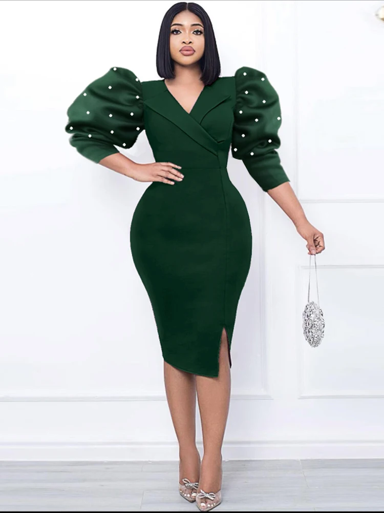 AOMEI V Neck Midi Dresses for Ladies Half Puff Sleeve Dark Green High Waist Bodycon Slit Elegant Office Work Evening Party Gowns