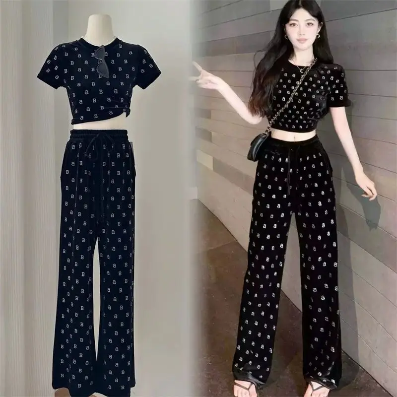 Hong Kong style popular black velvet set for women\'s summer new straight pants casual printed short sleeved top two-piece set