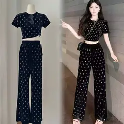 Hong Kong style popular black velvet set for women's summer new straight pants casual printed short sleeved top two-piece set