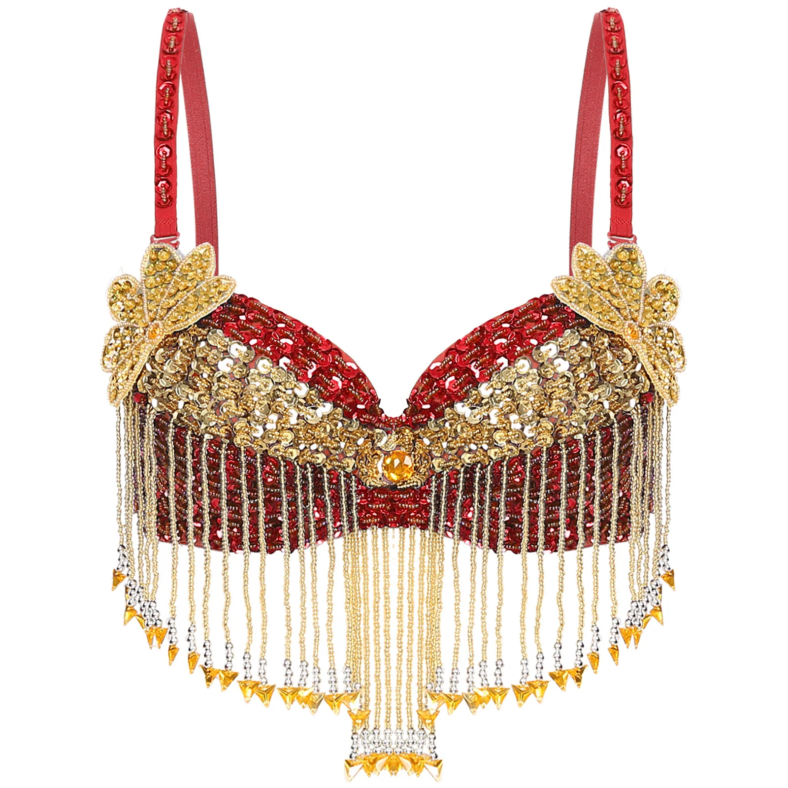 Womens Sparkly Sequins Belly Dance Tops Halloween Theme Party Costume Adjustable Straps Plastic Beaded Tassels Underwired Bra