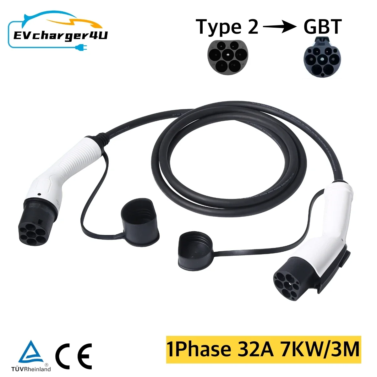 EVcharger4U Type2 to GBT EV Charging Cable 1Phase 32A 7KW 3M Electric Vehicle Type 2  Cord GB/T for Charger Station