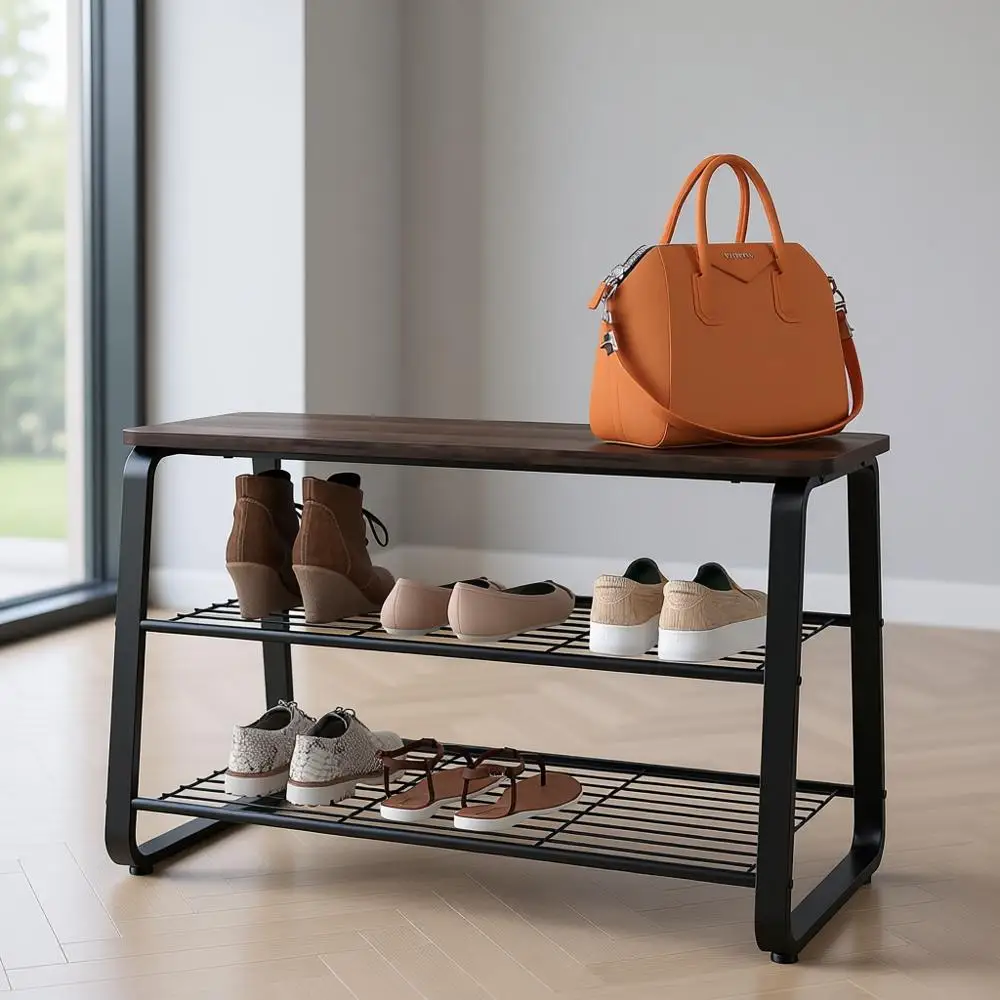 

Трехуровневая металлическая полка для обуви со скамейкой и деревянным сиденьем – отделка под орех для прихожей, гостиной, организации пространства в прихожей