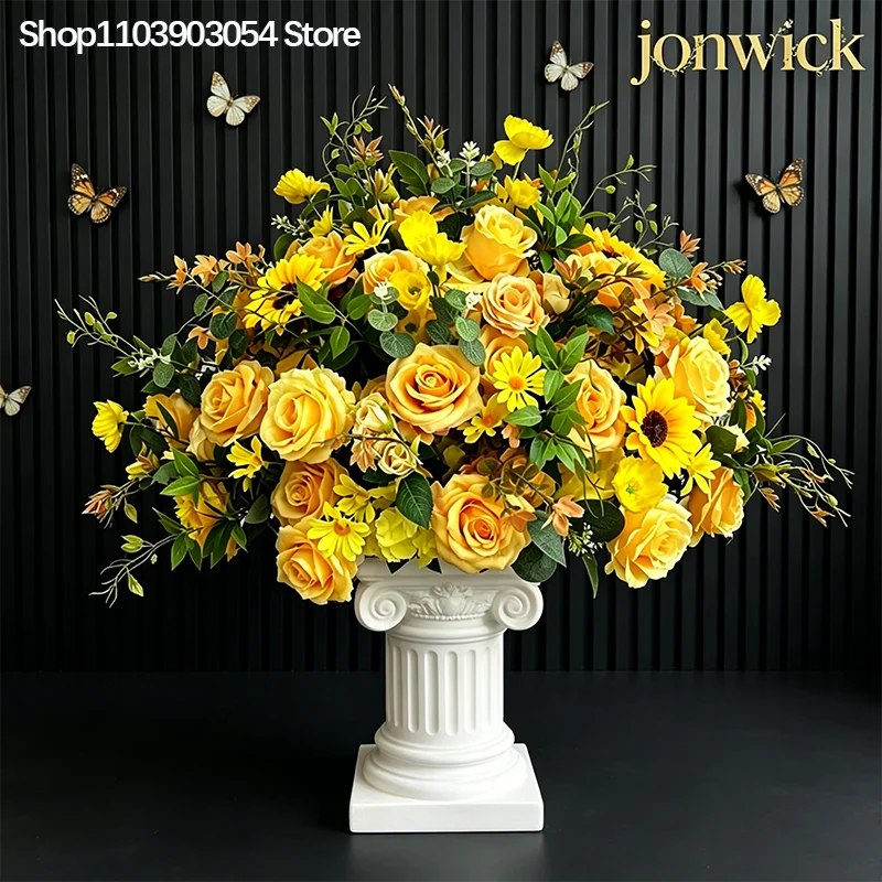 Gelber 30-80cm großer künstlicher Rosen-Pfingstrosen-Blumenball für Tischdekorationen, 5D Hochzeitstisch-Accessoires, Bühnen- und Gangdekoration, Blumenball – Detail 1
