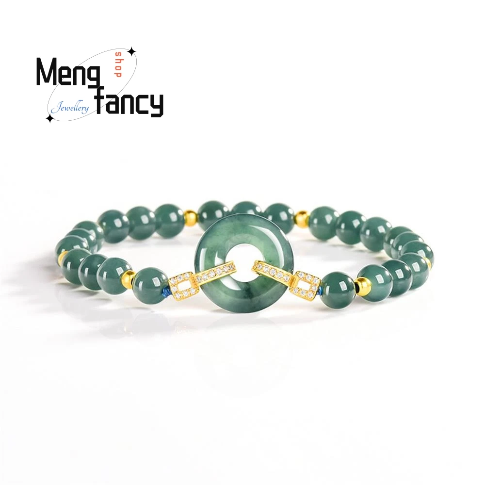 

Natural A-grade Jadeite Blue Water Round Bead Jade Ring Bracelet S925 Silver Inlaid Ice-type women's Fashion Jewelry Accessory