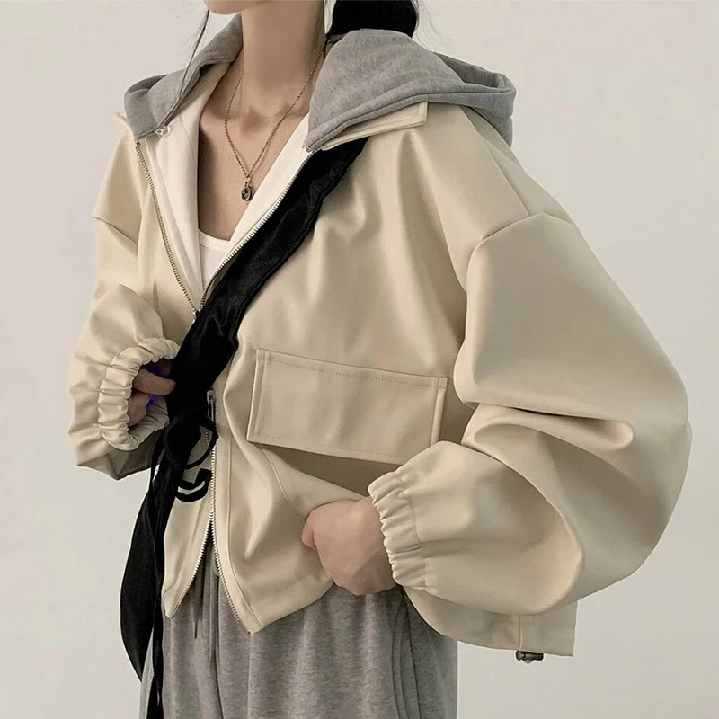 Sli ort Leather Jaet Women's Trendy Autumn Winter Vintage Zipper Large ket Casual Loose Fit Versatile Hooded Coat