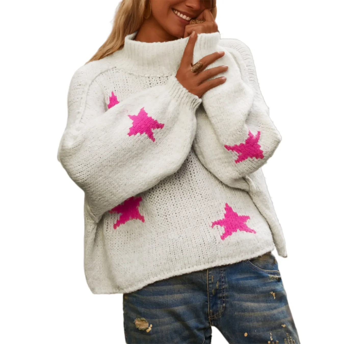 

Autumn and winter women's casual loose turtleneck pullover cross-border long-sleeved five-pointed pattern knitted sweater top