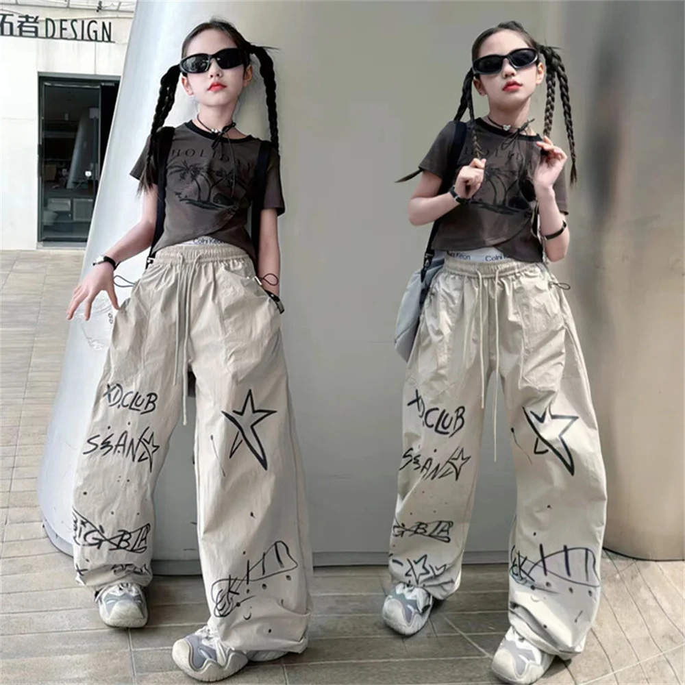 2475 Coconut Tree Print Summer Youngsters Street Dance Pants Children\'s Casual Girls Cargo Pants Korea Wide Leg Pants