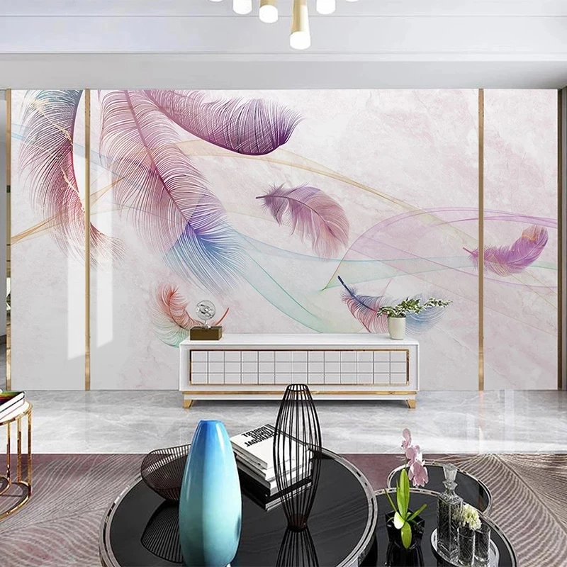 papel-de-parede-personalizado-com-foto-mural-moderno-em-aquarela-com-pena-rosa-e-marmore-para-sala-de-estar-sofa-fundo-de-tv-quarto-restaurante