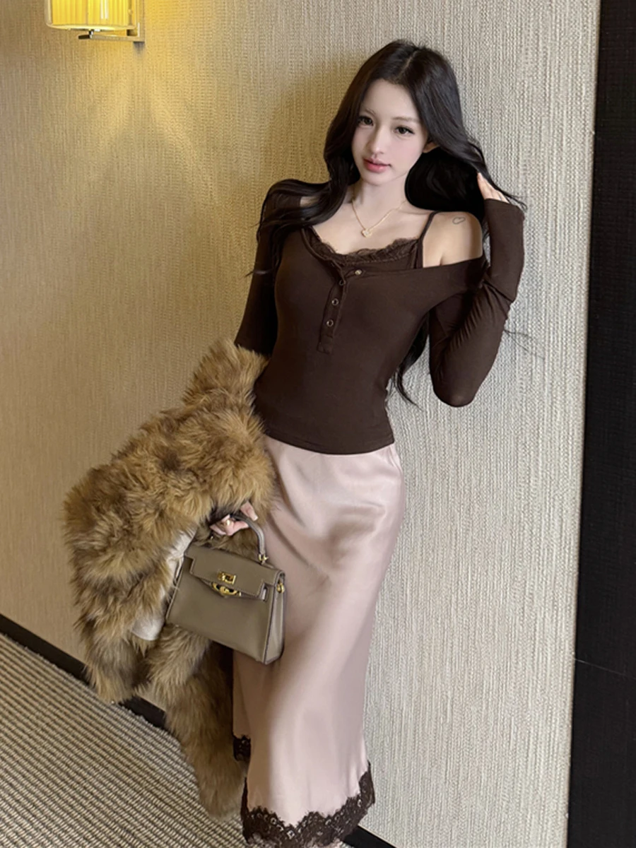 Retro Sexy Lace Patchwork Long Sleeve T-Shirt Top Sexy Girl Satin Trim Half Skirt Fashion Set Women's Autumn Casual Outfit