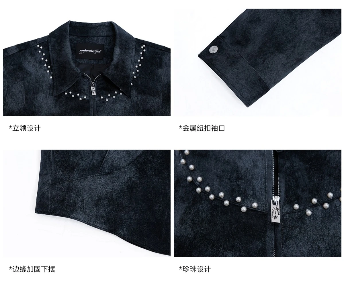 2025 Men's Autumn New Niche Pearl Decoration Long-sleeve Loose Faux Leather Jackets Male Short Style Coats Fashion Handsome Tops