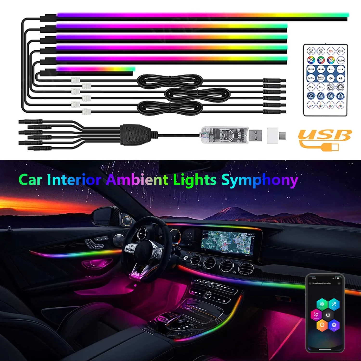 

Светодиодная Автомобильная симфония RGB окружающего освещения, центральная консоль, скрытая акриловая неоновая полоса, лампа для украшения автомобиля, атмосферная лампа с проводом, 440 см, USB