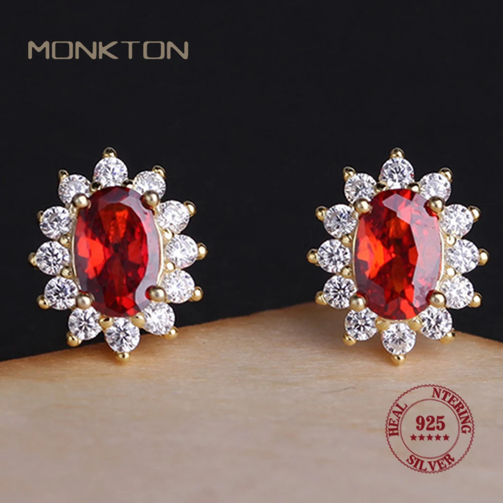 

Monkton Real 925 Sterling Silver Sparkling Gemstone Earrings for Women 5A Red Zircon Stud Earring Wedding Jewelry for Girls