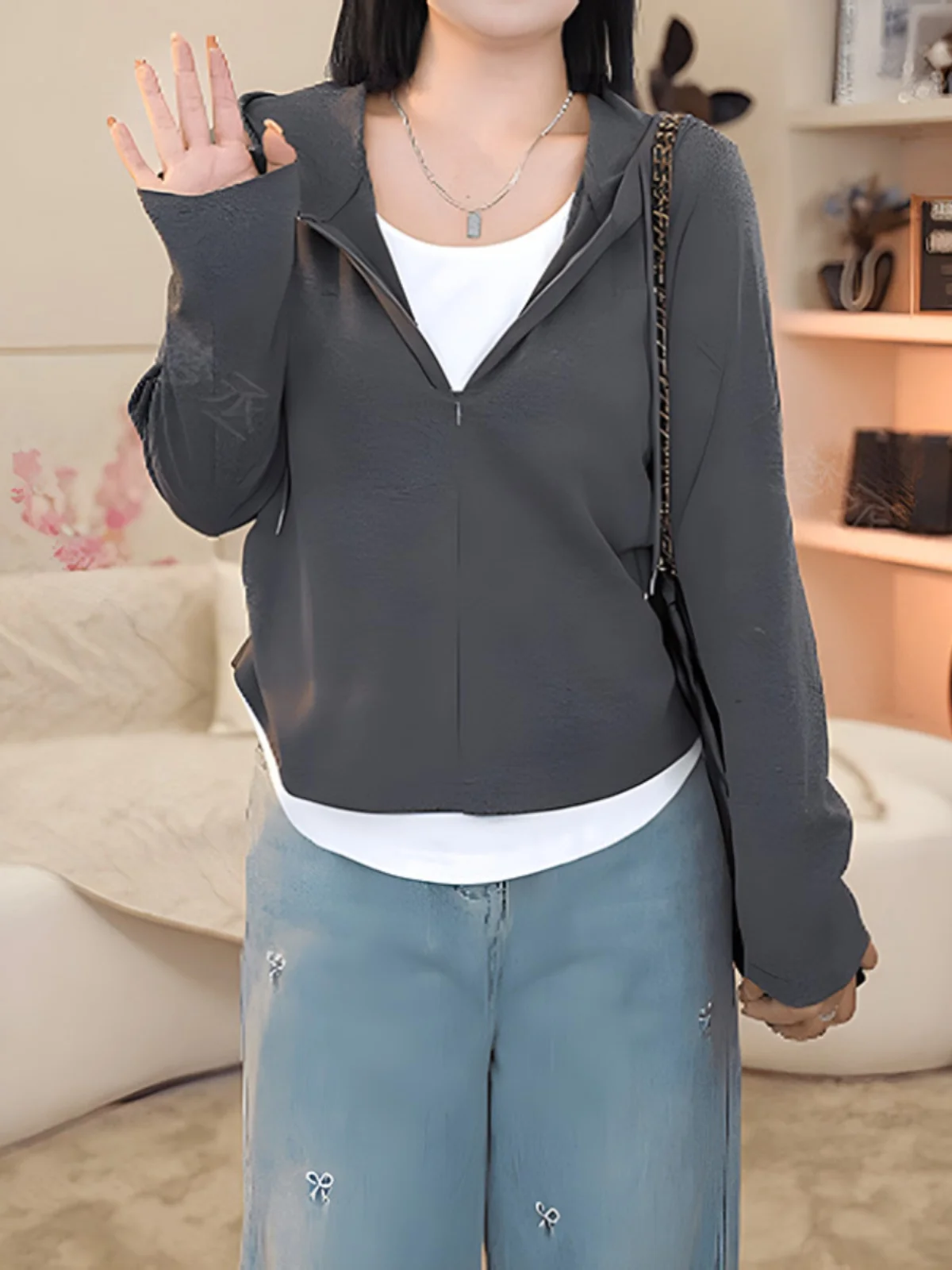 

plus Size Pure Cotton Hooded Long Sve Fake Two-Piece Top Korean Sle Loose Fit Innerwear Outerwear for plus Size Women