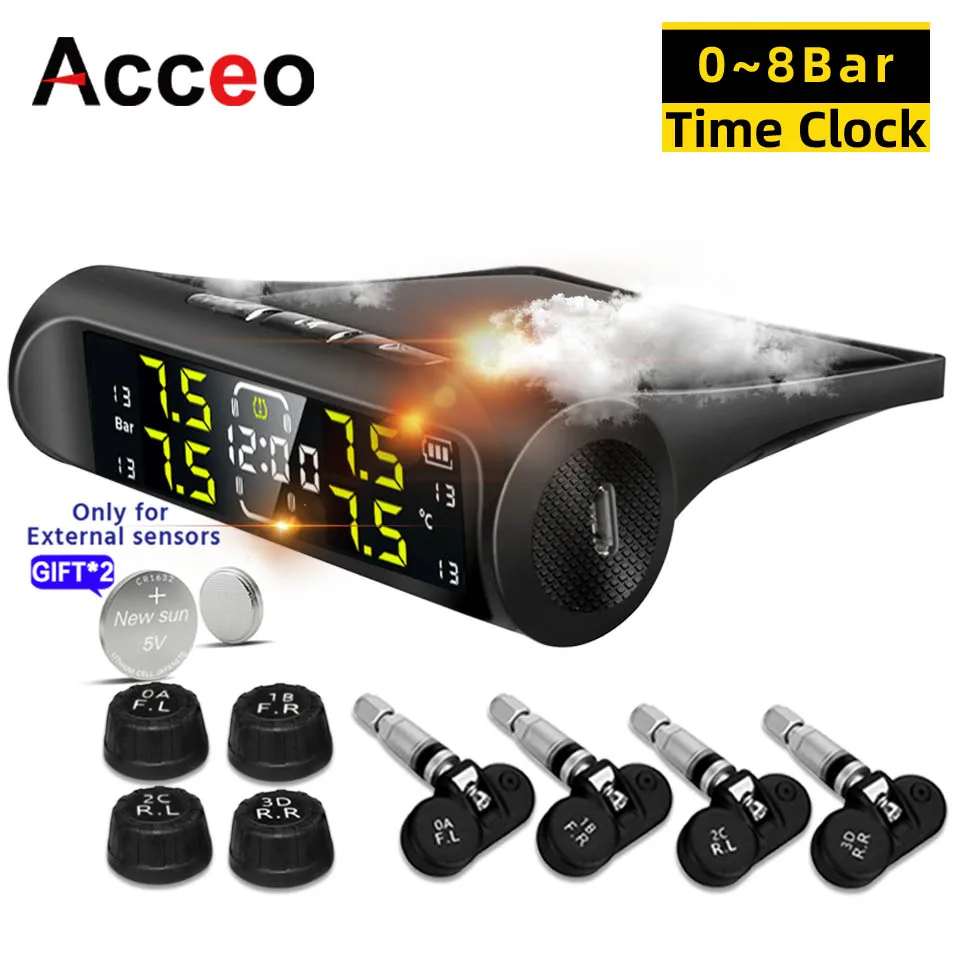 ACCEO Solar TPMS USB Auto Wireless Car Alarm Teyes Sensor Electronic Devices Accessories Smart Parking Sensors Monitoring system