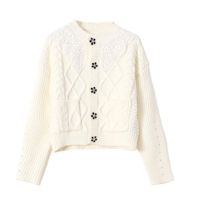 

2025 Spring and Autumn Embroidered Lace Collar Sweet Diamond Button Knitted Cardigan Women Clothes