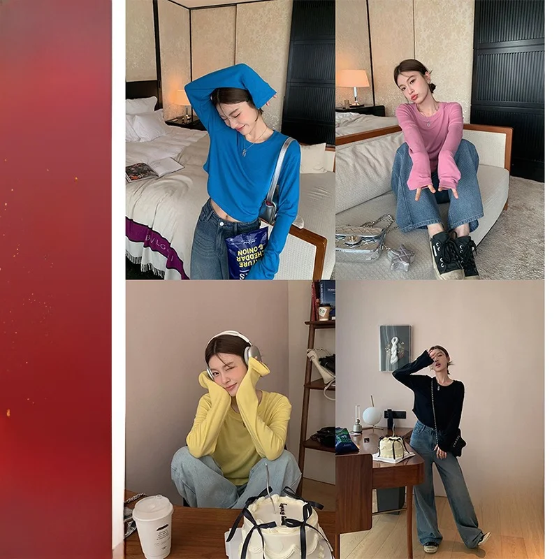 

Ранняя осень Prtion Zhang Beibei Pure Color ort Sve Long Sve round Ne Удобная женская футболка с маской