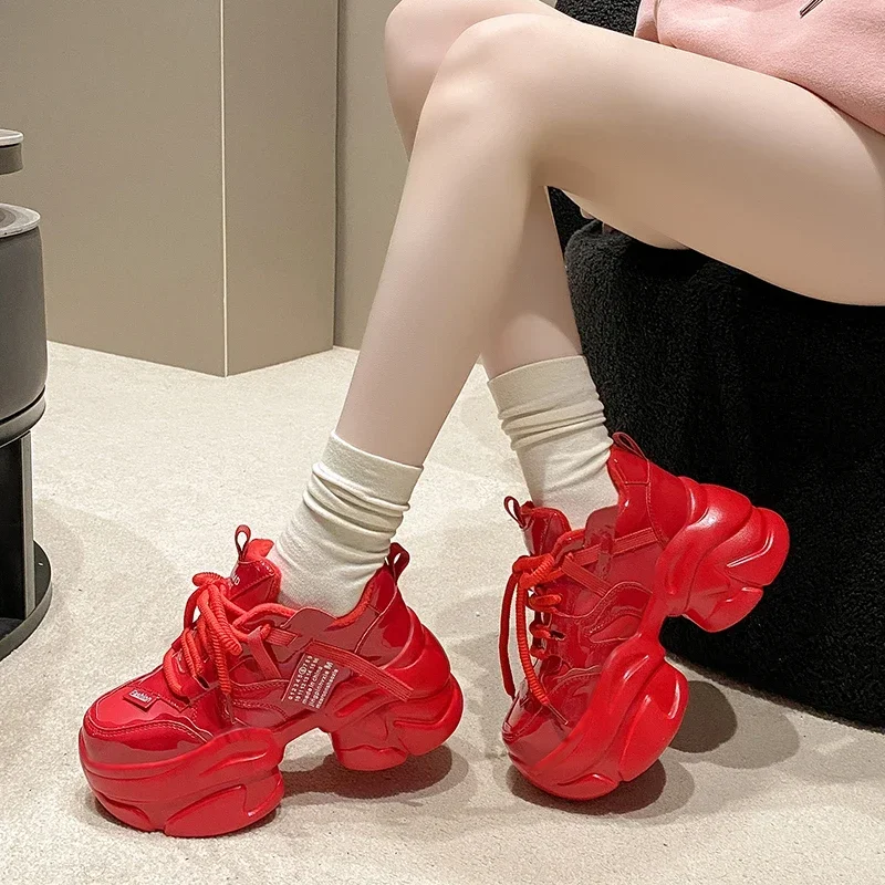 New Women Spring Autumn Chunky Sneakers 8CM Thick Bottom Leather Shoes High Platform Vulcanize Red Shoes Casual Sports Shoes